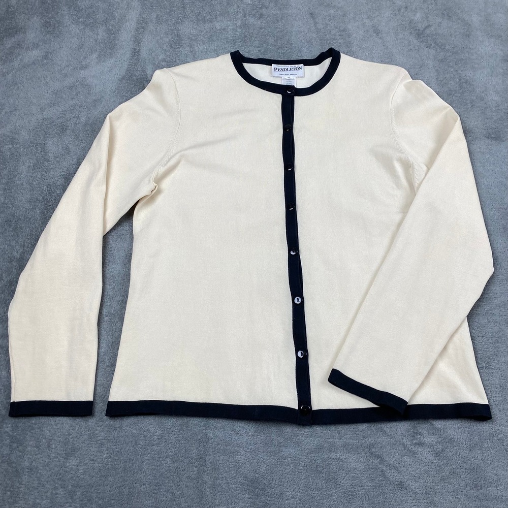 Pendleton Women M Cardigan Cream Navy Trim Silk Blend Old Money Button Front